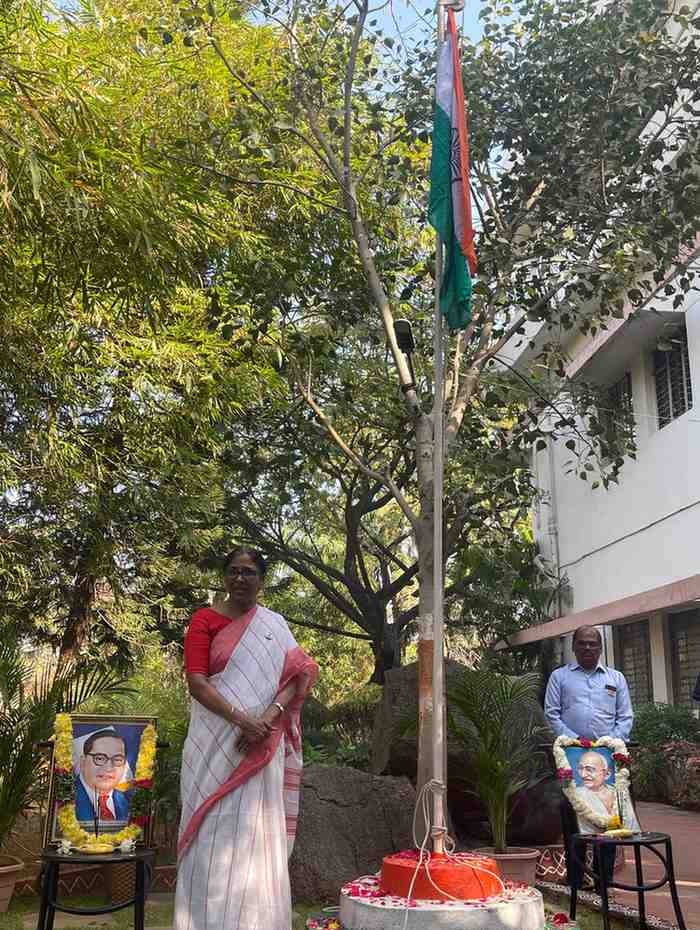 Prof. E. Revathi, Director, Centre for Economic and Social Studies unfurled the National Flag on 76th Republic Day at CESS